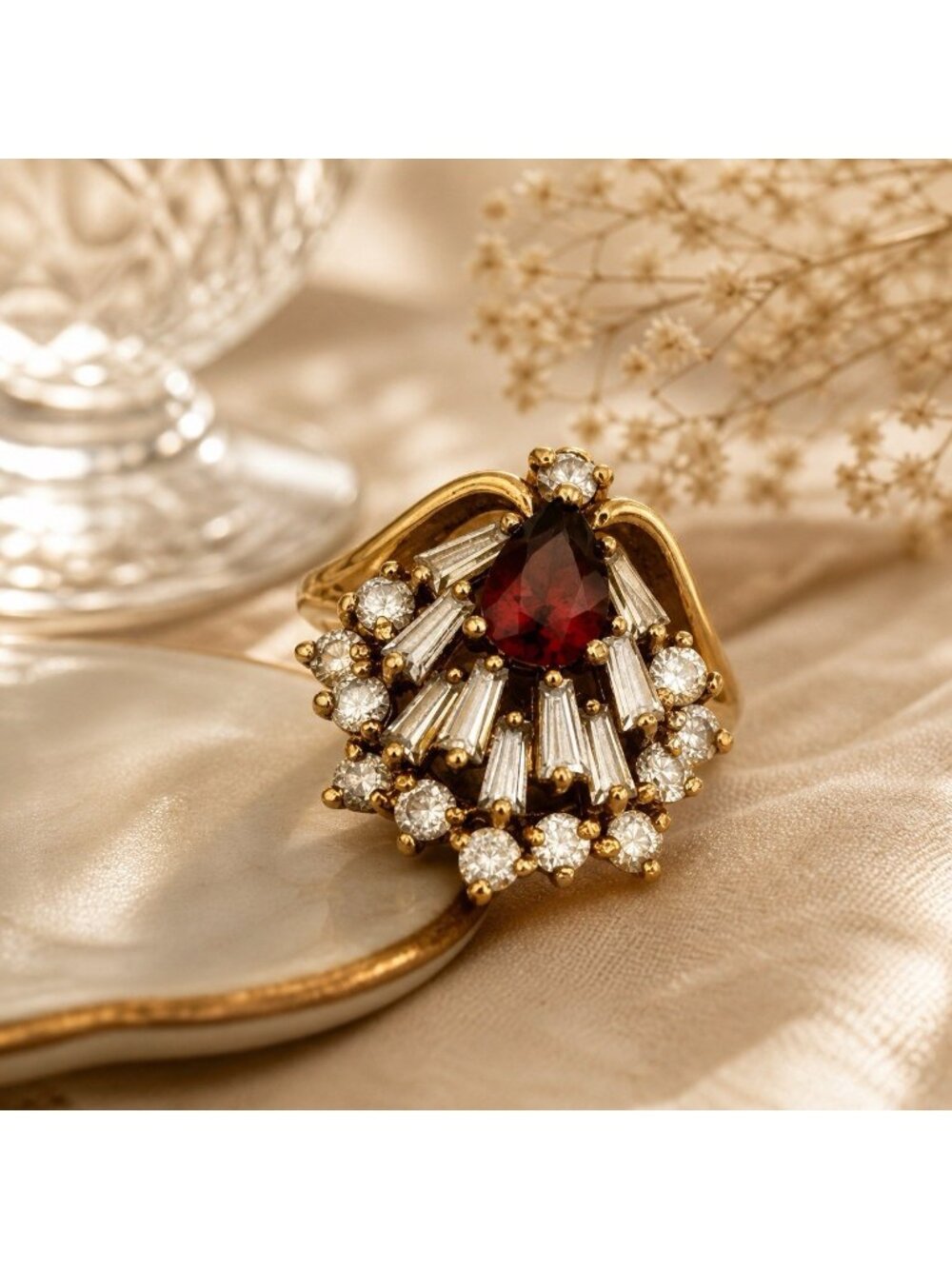 Vintage 14k Gold-plated HGE Peacock Cocktail Ring Size 5 Gemstones Red White